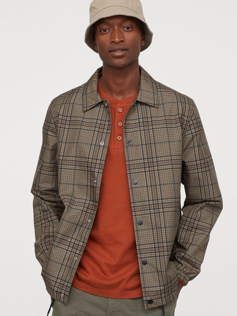 

H&M Men Beige & Black Checked Water-Repellent Windbreaker