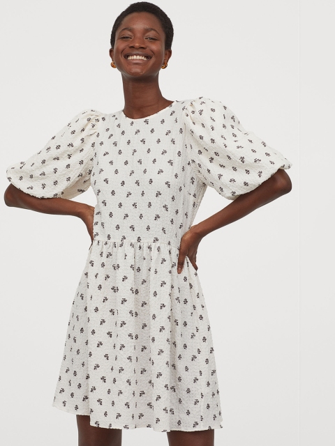 

H&M Women White & Black Printed Puff-Sleeved Dress