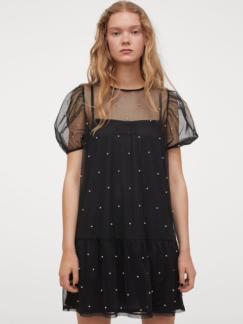 

H&M Women Black Beaded Mesh Dress