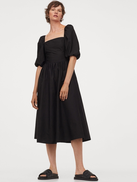 

H&M Women Black Solid Puff-Sleeved Cotton Dress