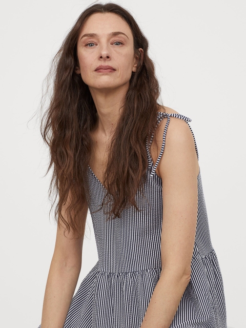 

H&M Women Blue & White Striped V-Neck Jersey Dress