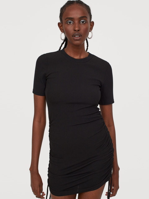 

H&M Women Black Self-Design Ribbed Jersey Dress