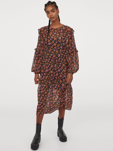 

H&M Women Orange & Black Floral Printed Frill-Trimmed Dress