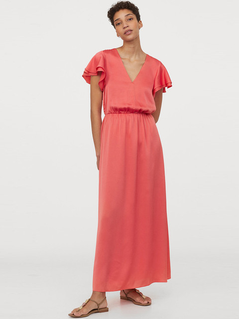 

H&M Women Coral Pink Solid Tie-Detail Maxi Dress