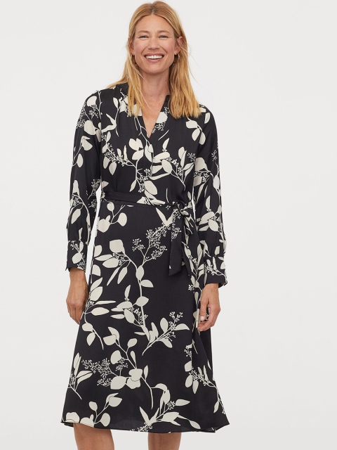 

H&M Black & White Floral Printed Tie-Belt Satin Dress