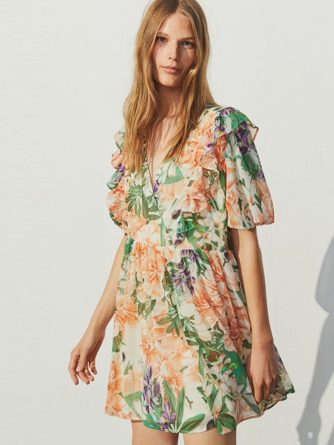 

H&M Women Orange & Green Printed Flounce-Trimmed Dress