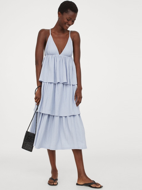 

H&M Women Blue Solid V-neck Flounced Dress