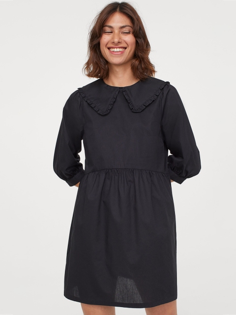 

H&M Women Black Solid Collared Poplin Dress