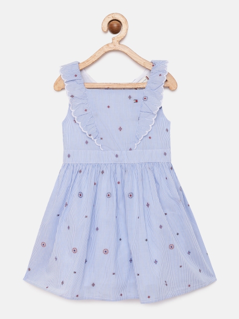

Tommy Hilfiger Girls Blue & White Striped CRITTER DOBBY Pure Cotton Fit and Flare Dress
