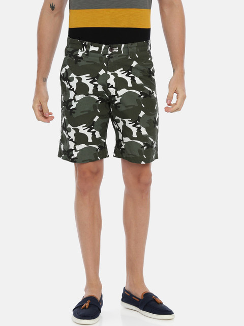 

Breakbounce Men Olive Green & White Camouflage Printed Slim Fit Chino Shorts