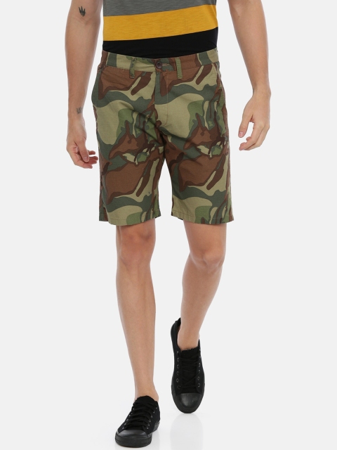 

Breakbounce Men Brown & Olive Green Camouflage Printed Slim Fit Chino Shorts