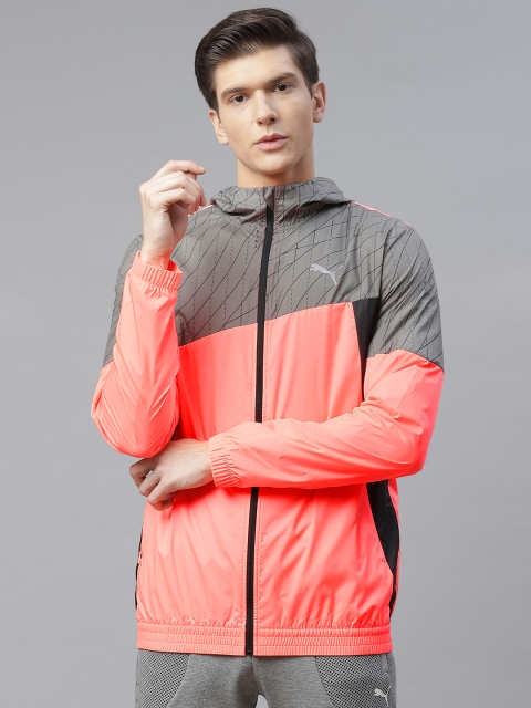 

Puma Men Peach-Coloured & Grey Run Graphic Hooded Colourblocked Sporty Jacket