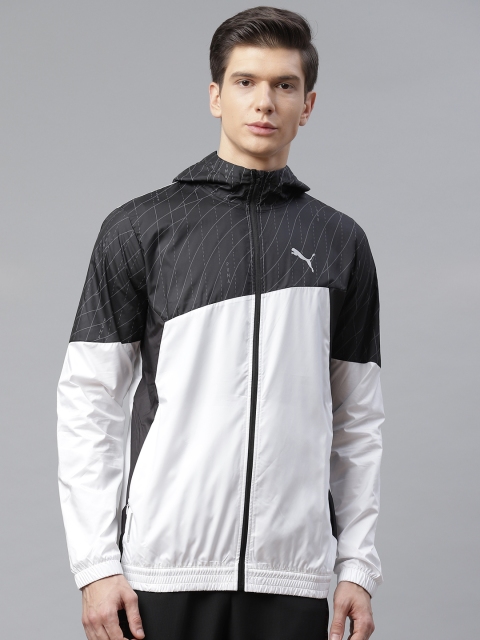 

Puma Men White & Black Run Graphic Hooded Colourblocked Sporty Jacket