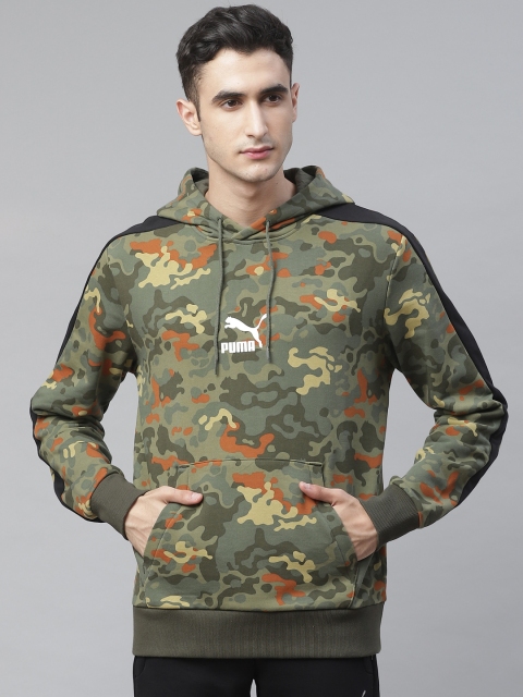

Puma Men Olive Green & Orange Classics Graphic AOP Logo Hoodie Camouflage Print Sweatshirt