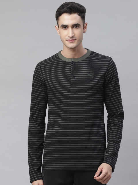 

Puma Men Black Olive Green Striped Henley Neck Pure Cotton T-shirt
