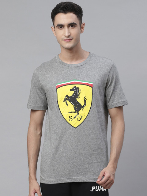 

PUMA Motorsport Men Grey Melange Yellow Scuderia Ferrari Race Big Shield Printed Pure Cotton T-shirt