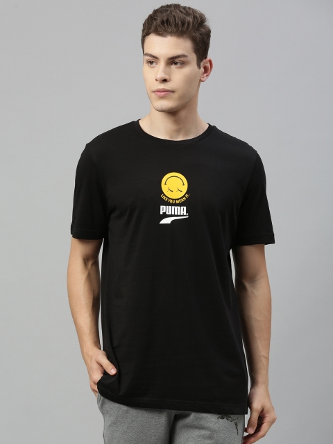 Men Black Printed Round Neck Club Graphic Pure Cotton T-shirt