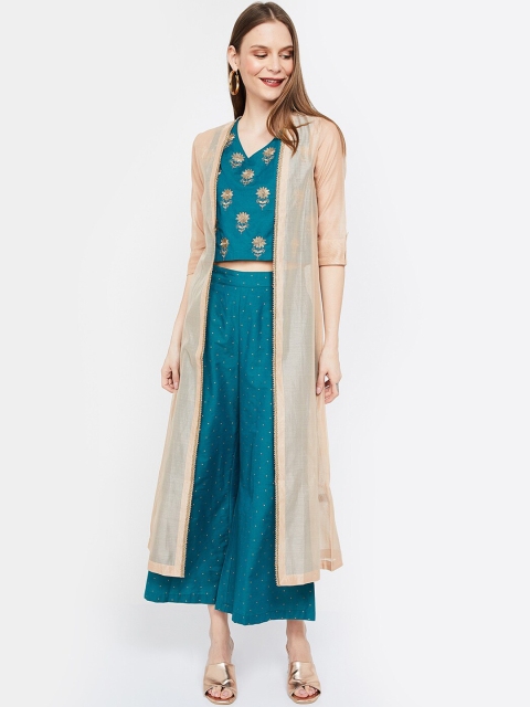 

Colour Me by Melange Women Teal Green & Beige Embroidered Top with Palazzos & Jacket