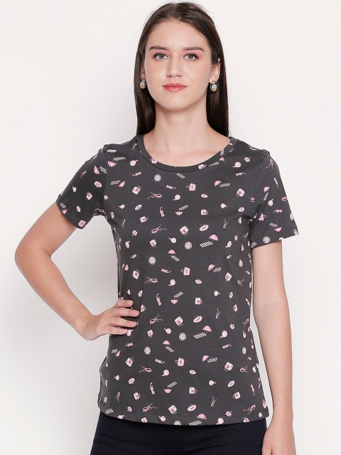 

Honey by Pantaloons Women Charcoal Grey Printed Round Neck T-shirt