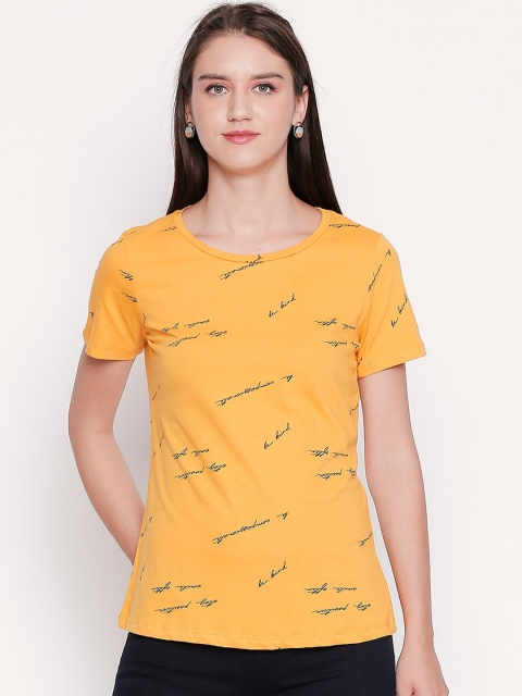 

Honey by Pantaloons Women Mustard Yellow Printed Round Neck Pure Cotton T-shirt