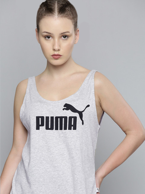 

Puma Women Grey Melange & Black Printed ESS Brand Logo Tank Top