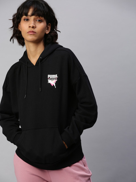 

Puma Women Black Solid TFS Hooded Pullover Sweatshirt with Brand Logo Print Detail
