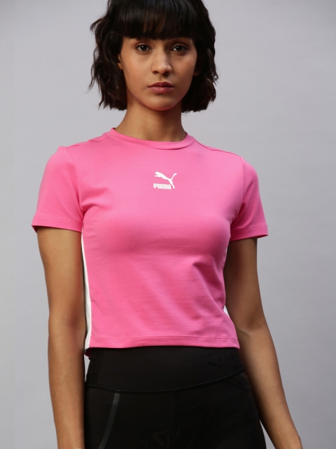

Puma Women Pink Solid Classics T7 Tight Round Neck Cropped T-shirt