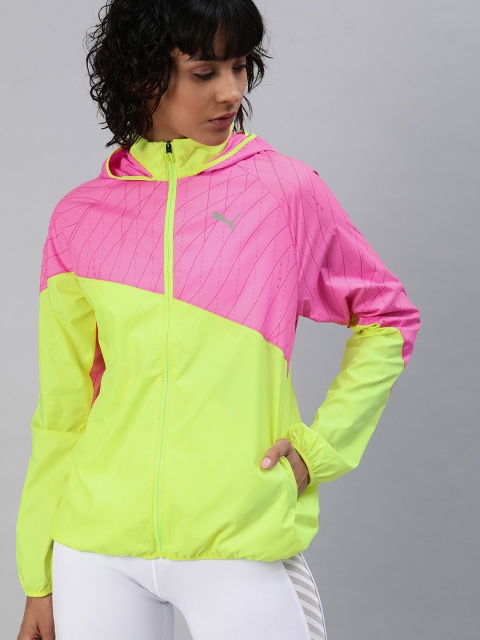 

Puma Women Yellow & Pink Colourblocked Running WindCELL Graphic Hooded Sporty Jacket