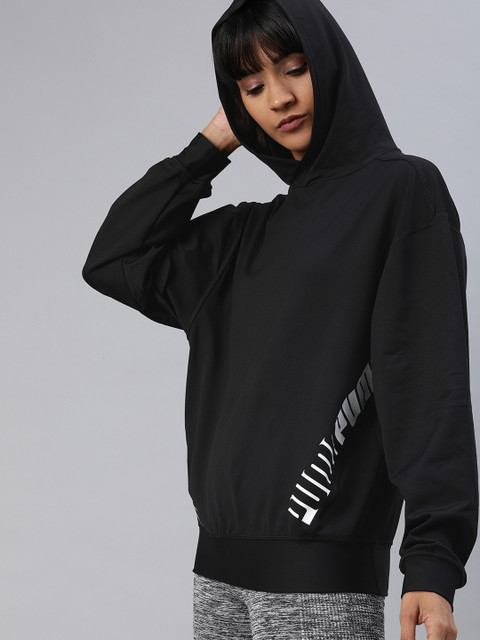 

Puma Women Black Placement Printed Drycell Hooded Train Stretch Knit Sweatshirt