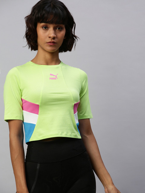 

Puma Women Fluorescent Green Colourblocked Round Neck Retro Cropped T-shirt
