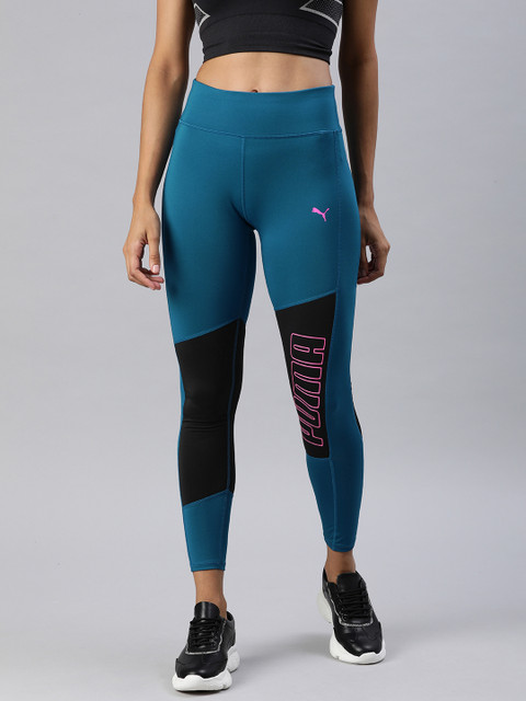 

Puma Women Teal Blue & Black Colourblocked dryCELL Favorite Logo Running & Training Tights
