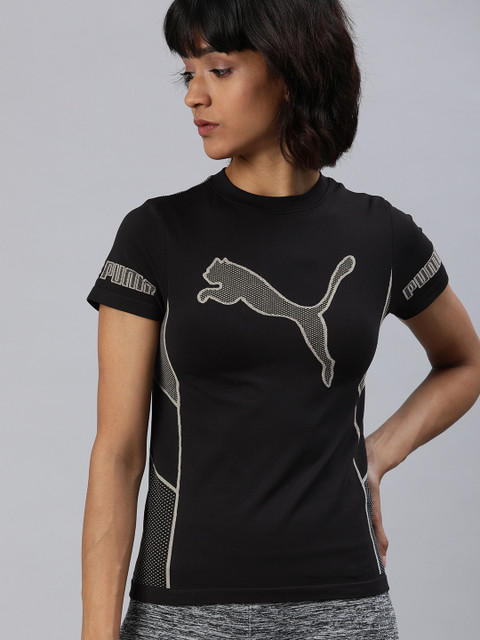 

Puma Women Black Embroidered Evostripe Evoknit Round Neck T-shirt