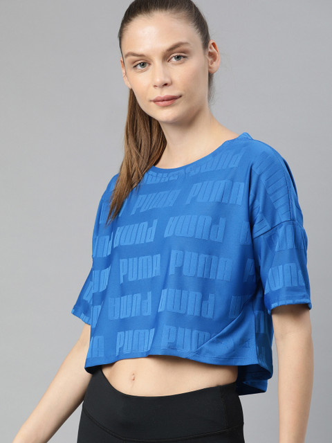 

Puma Women Blue Self Design First Mile Mono dryCELL Crop Sustainable Training T-shirt