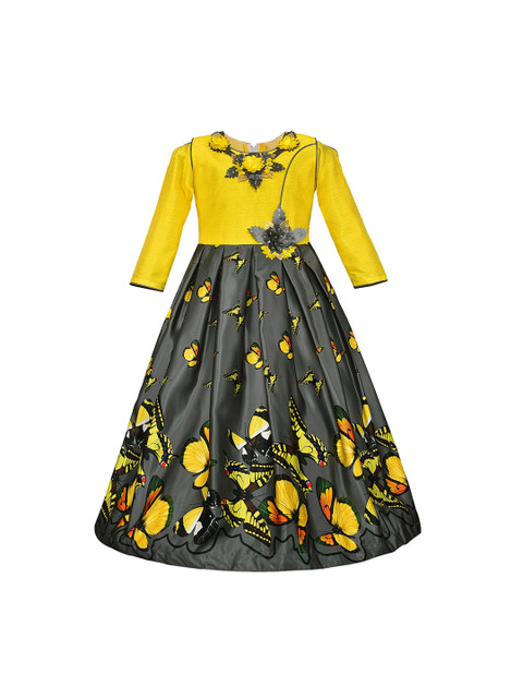 

Wish Karo Girls Yellow & Grey Printed Maxi Dress
