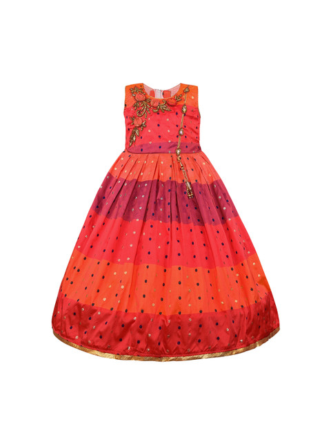 

Wish Karo Girls Red & Orange Printed Fit and Flare Maxi Dress with Embellishments