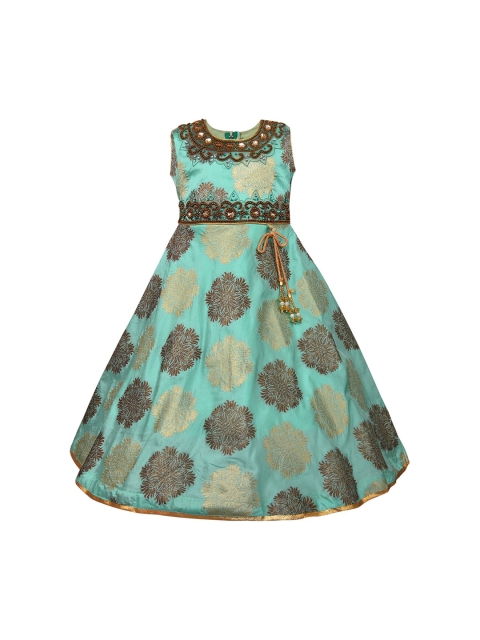 

Wish Karo Girls Green & Brown Self Design Fit and Flare Maxi Dress with Embellishments
