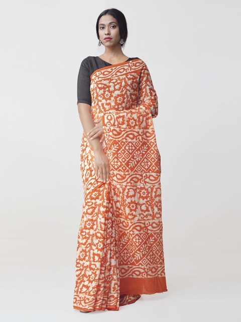 

Unnati Silks Orange & White Pure Cotton Printed Kota Saree