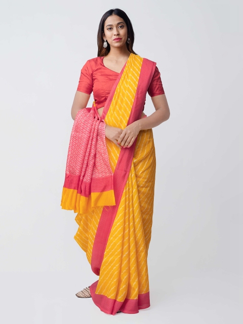 

Unnati Silks Yellow & Pink Art Silk Printed Pochampally Saree