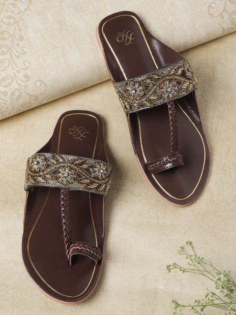 

House of Pataudi Women Brown & Gold-Toned Embellished Handcrafted Leather One Toe Flats
