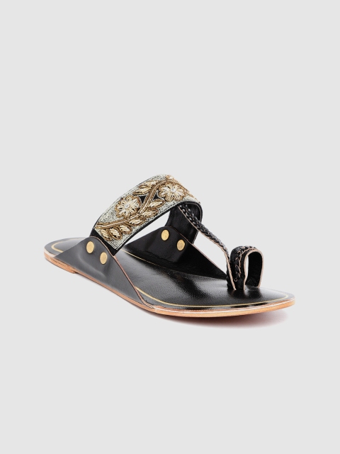 

House of Pataudi Women Black & Gold-Toned Ethnic Embellished Handcrafted One Toe Flats