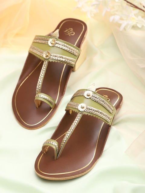 

House of Pataudi Women Olive Green & Gold-Toned Braided Handcrafted One Toe Flats