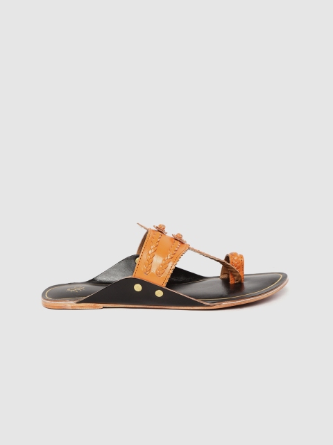 

House of Pataudi Women Orange Braided Handcrafted Leather One Toe Flats
