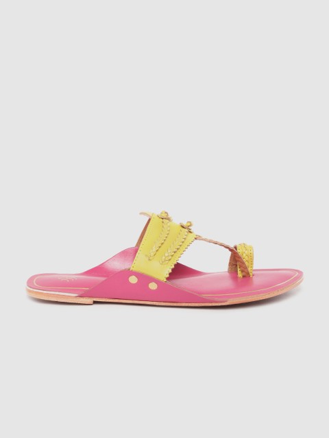 

House of Pataudi Women Yellow Braided Handcrafted Leather One Toe Flats