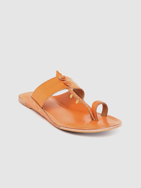 

House of Pataudi Women Orange Braided Handcrafted Leather One Toe Flats