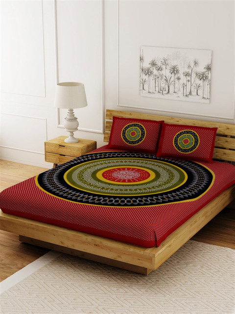 

LIVING ROOTS Red & Black Jaipuri Floral 144 TC Cotton 1 King Bedsheet & 2 Pillow Covers