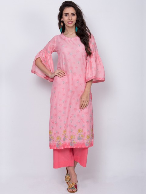 

Biba Women Pink & White Floral Print Straight Kurta