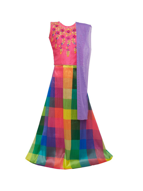 

BETTY Girls Purple & Yellow Embroidered Ready to Wear Pattu Pavadai with Dupatta, Pink