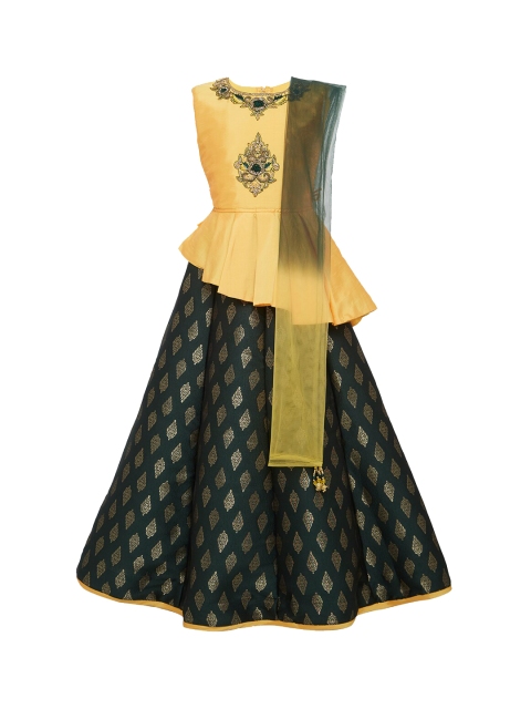 

BETTY Girls Yellow & Green Embellished Ready to Wear Lehenga & Blouse with Dupatta