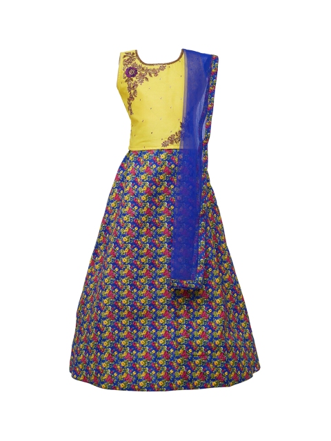 

BETTY Girls Yellow & Blue Embellished Ready to Wear Lehenga & Blouse with Dupatta