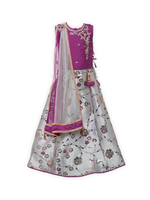 

BETTY Girls Magenta & Grey Embellished Ready to Wear Lehenga & Blouse with Dupatta